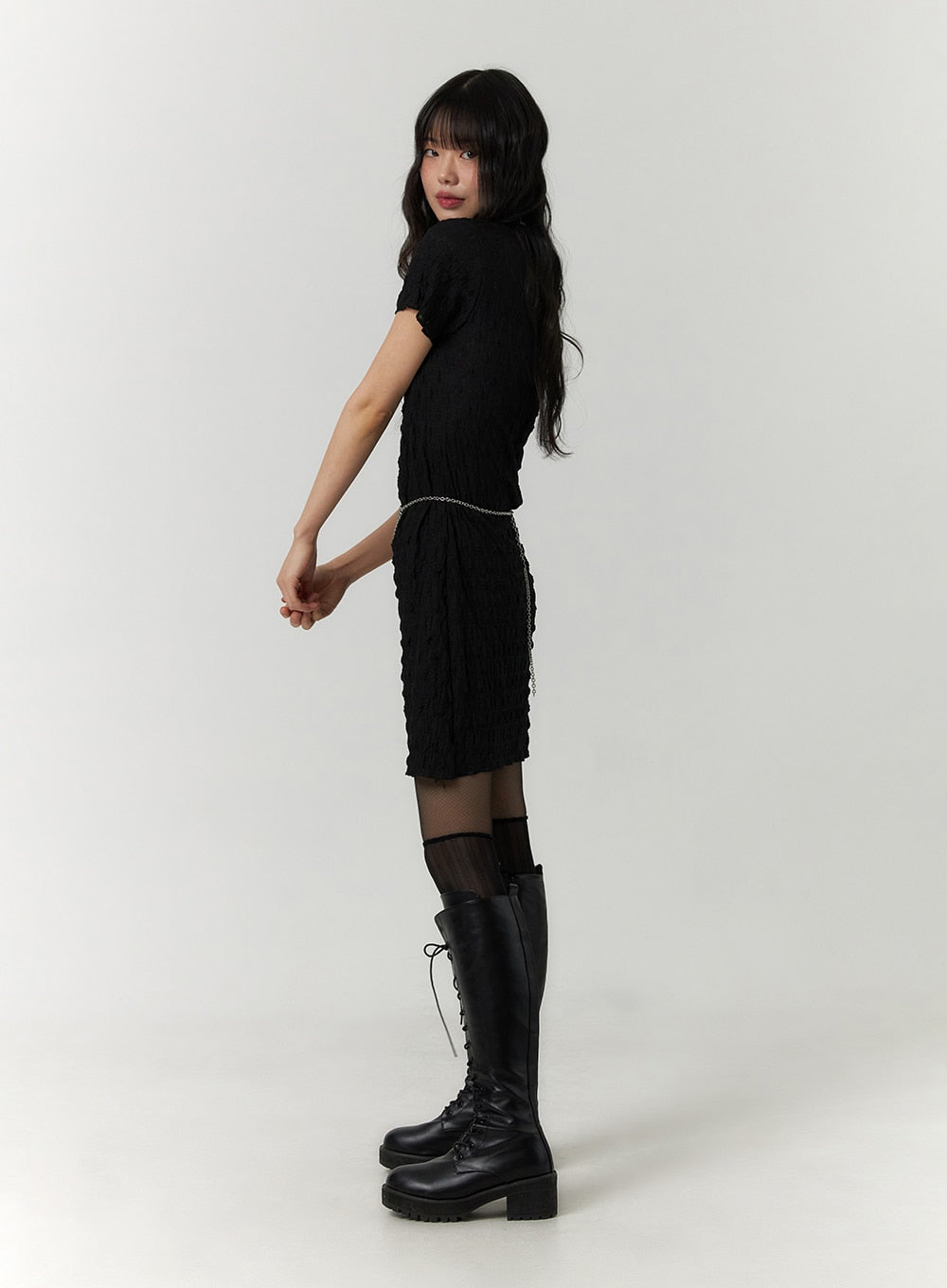 Shirring Short Sleeve Mini Dress CF407