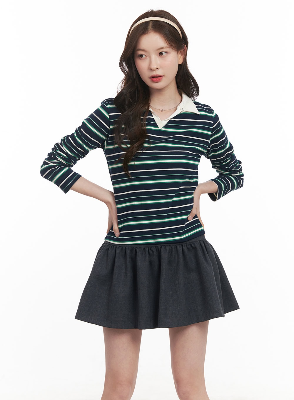 Striped Long-Sleeve Collared Top CM511