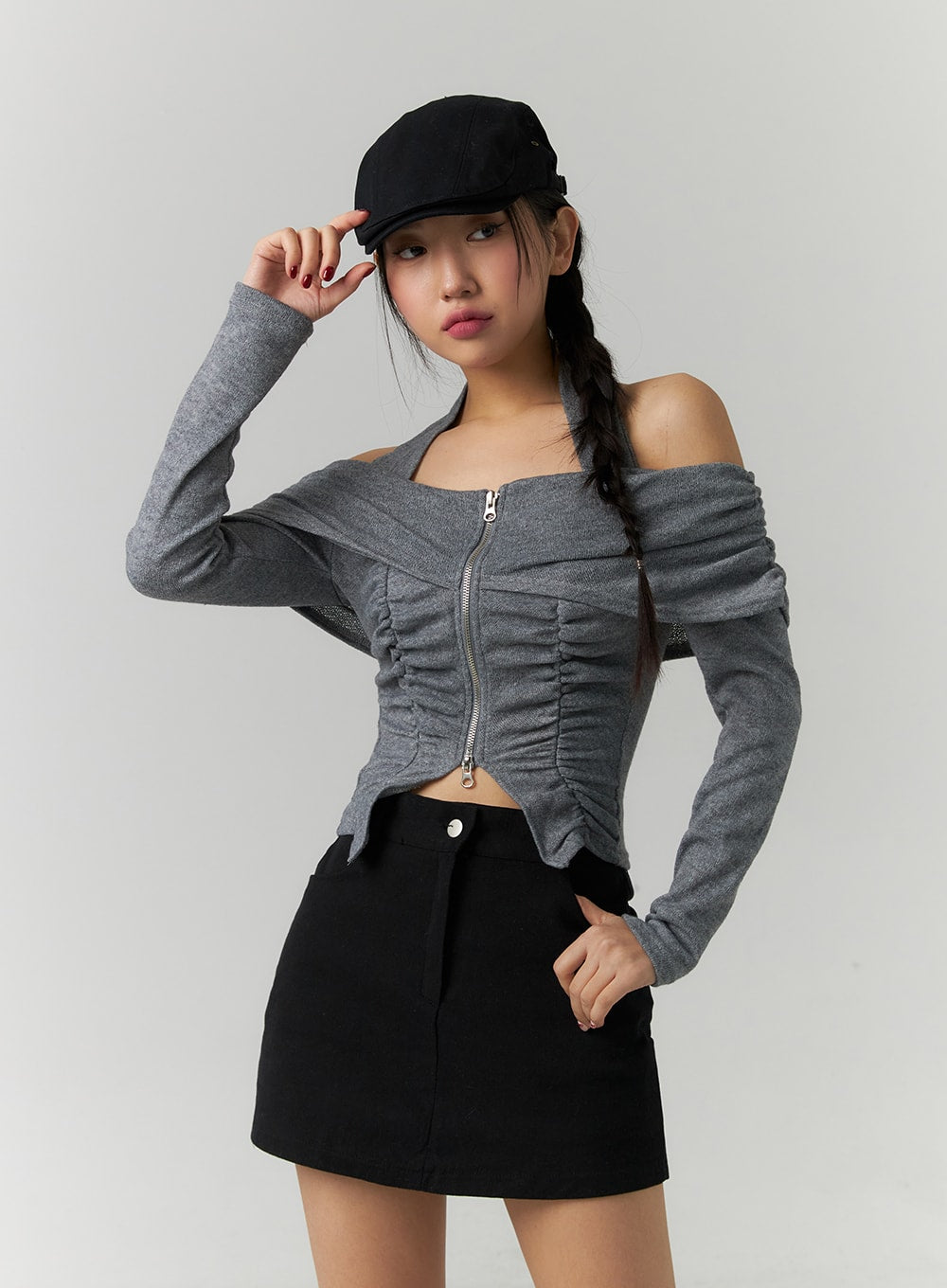 Shirred Off-Shoulder Zip-Up Crop Top CD307