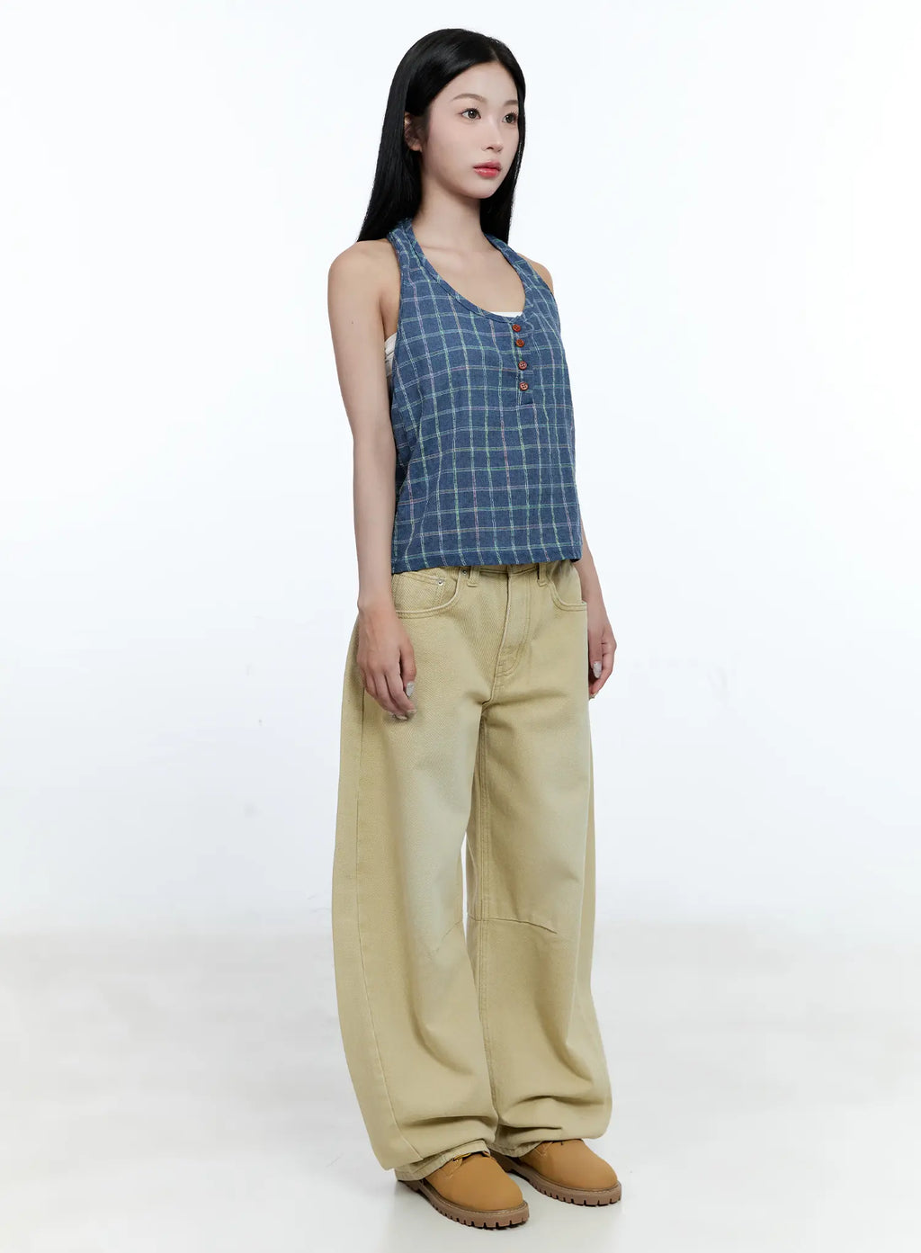 Plaid Button Halter Top CG507