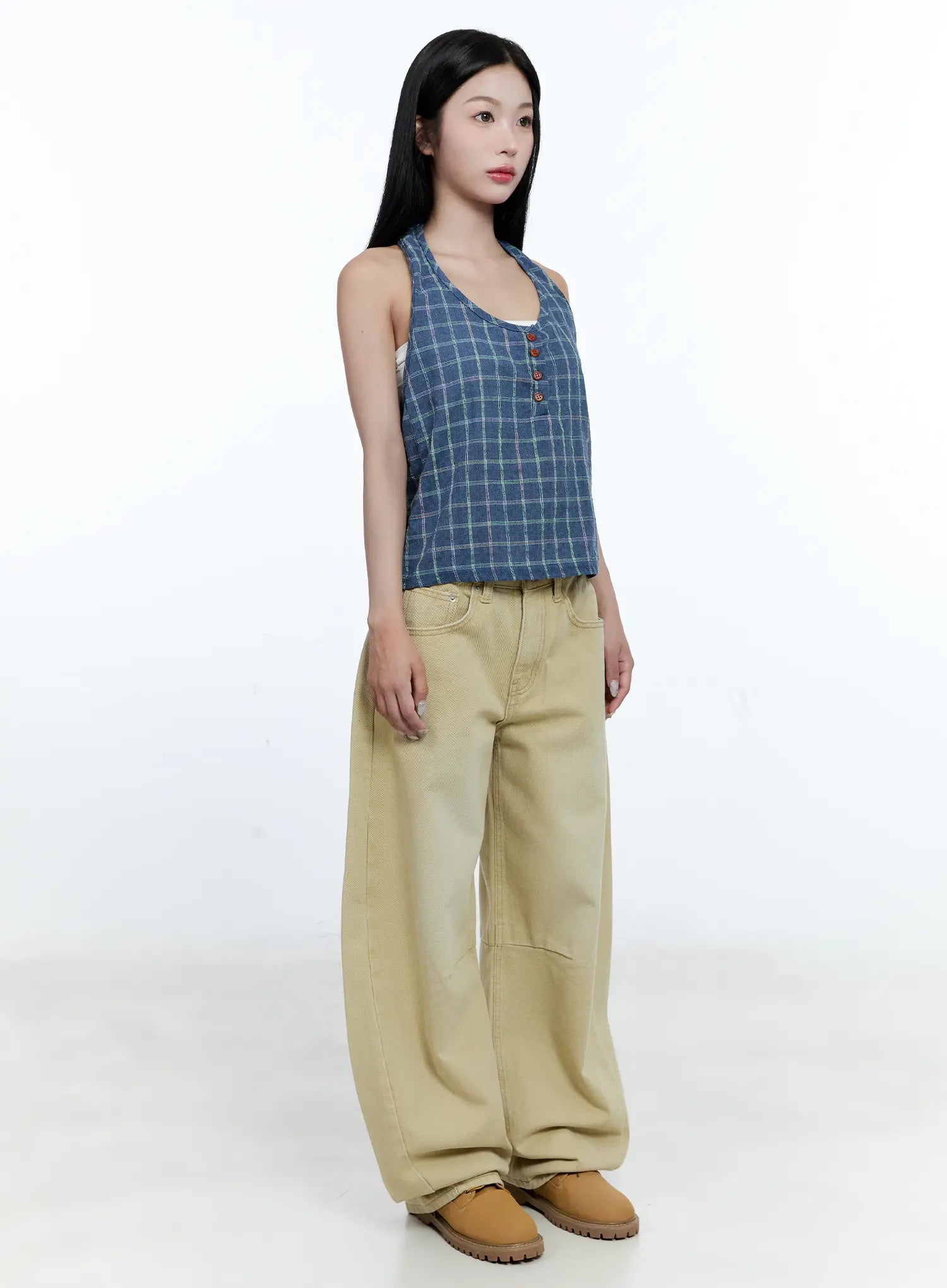 Plaid Button Halter Top CG507