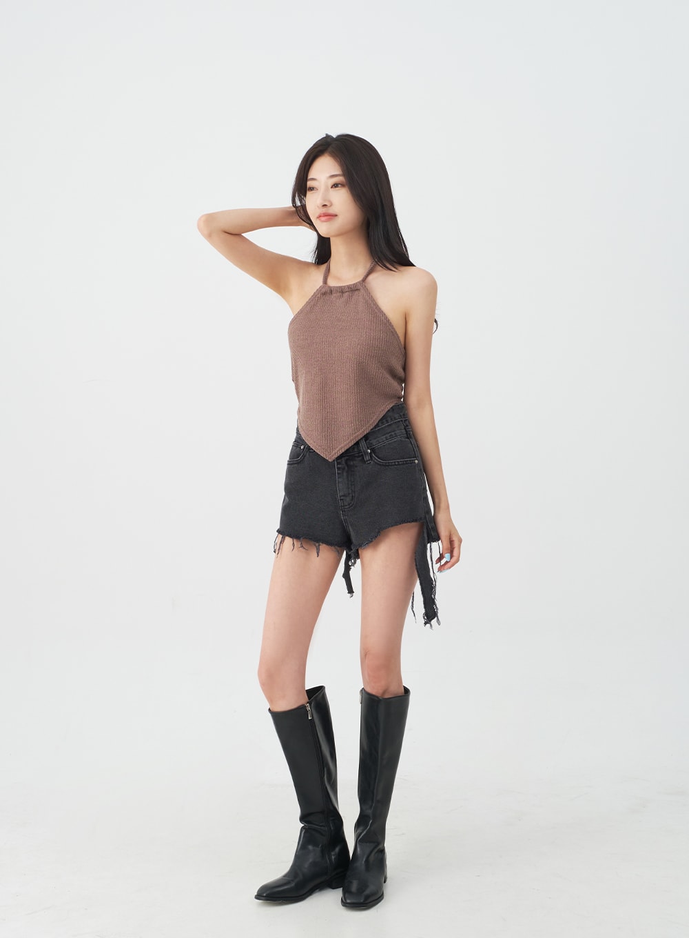Double Buttoned Distressed Black Shorts IJ23