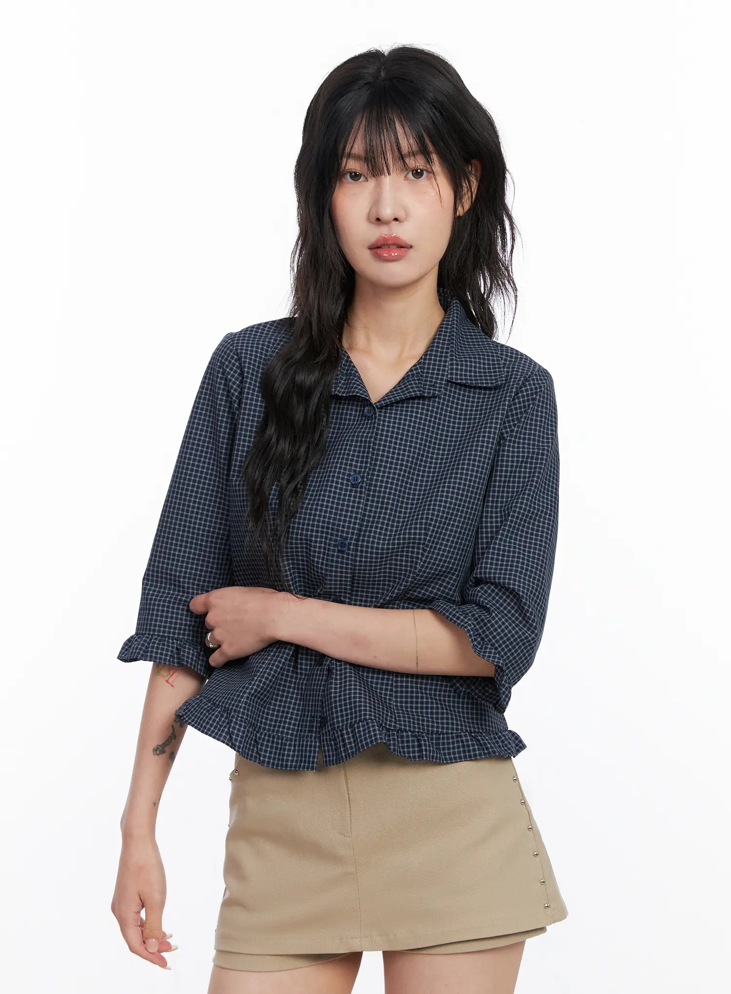 Ruffled Gingham 3/4 Shirt CO507