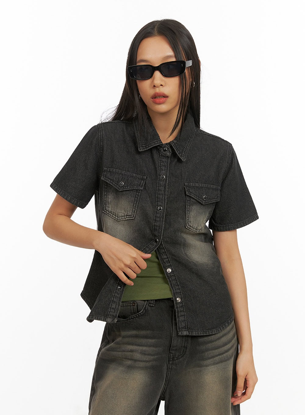 Denim Collar Solid Pocket Blouse IY422