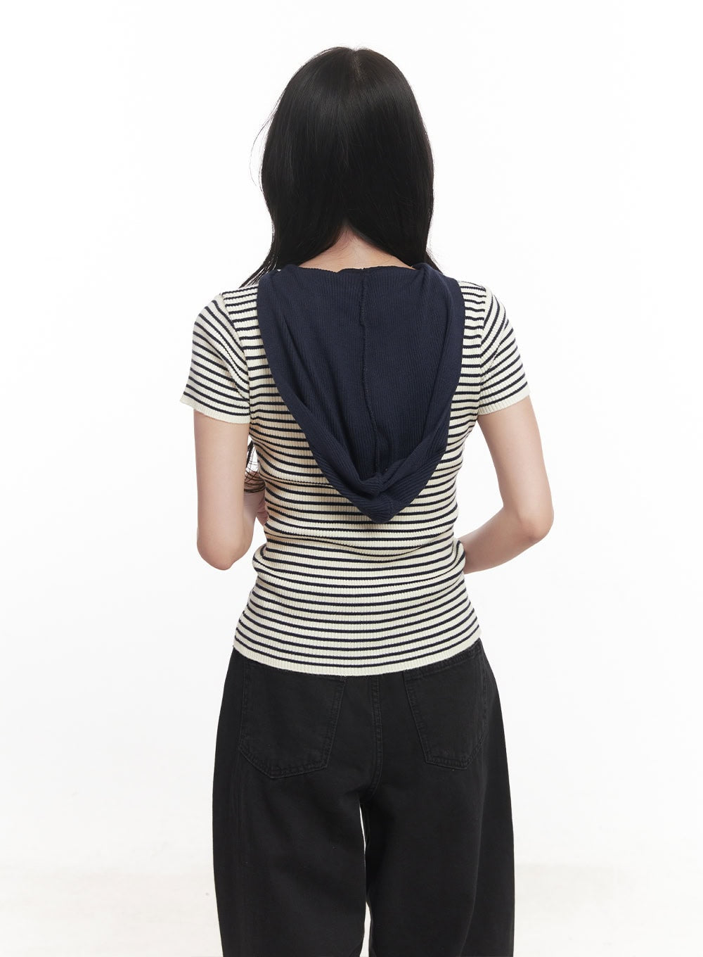 Stripe Buttoned Hooded Top CA511