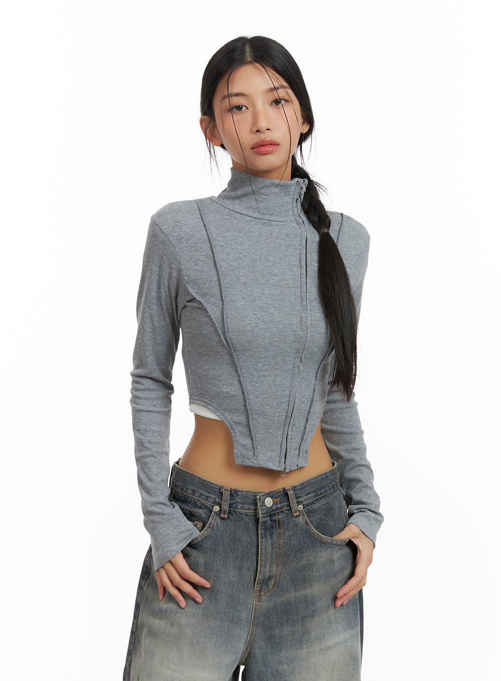 Zip-Up Long Sleeve Crop Top CA424