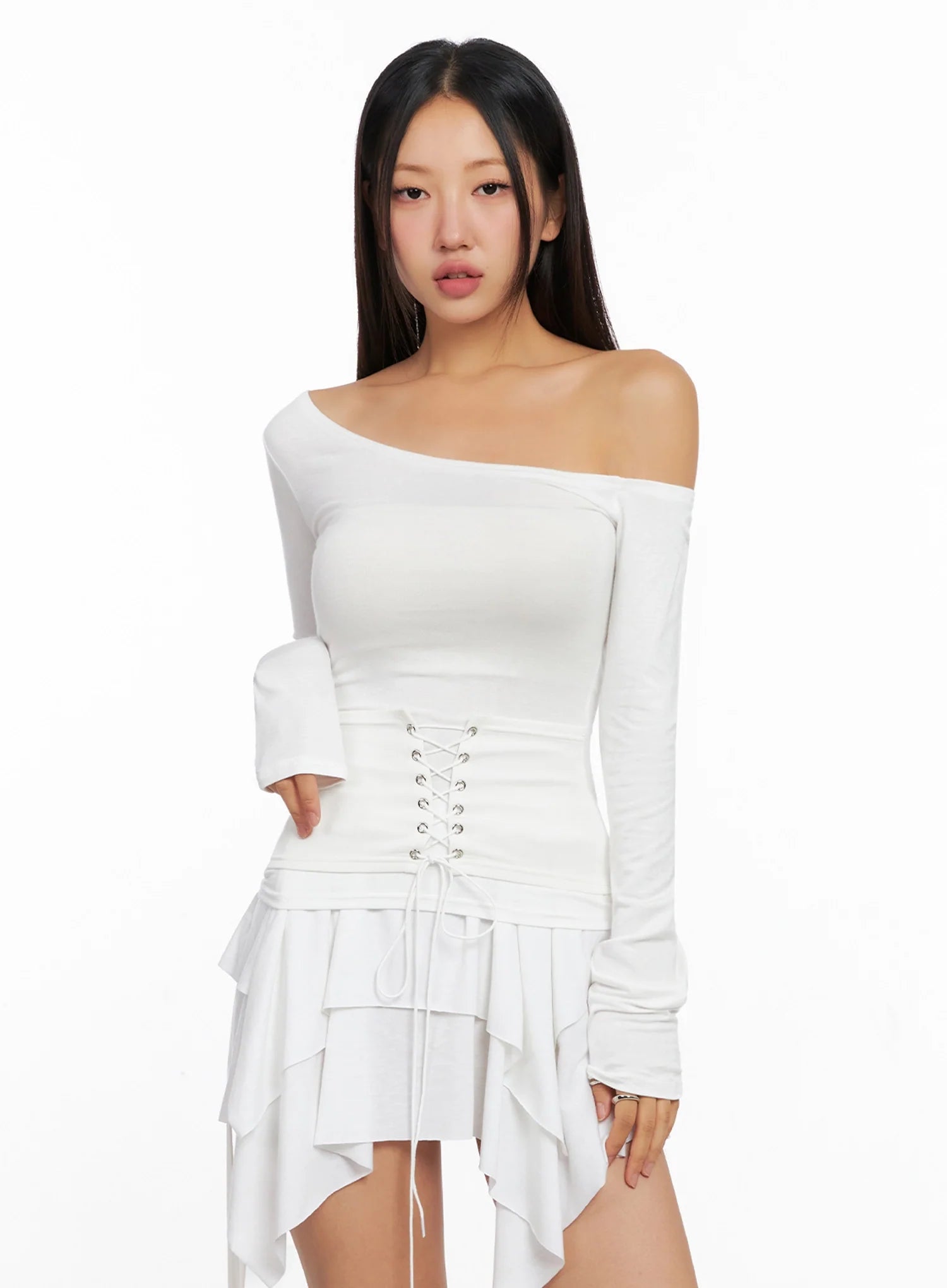 Off-Shoulder Lace-Up Corset Blouse IG528