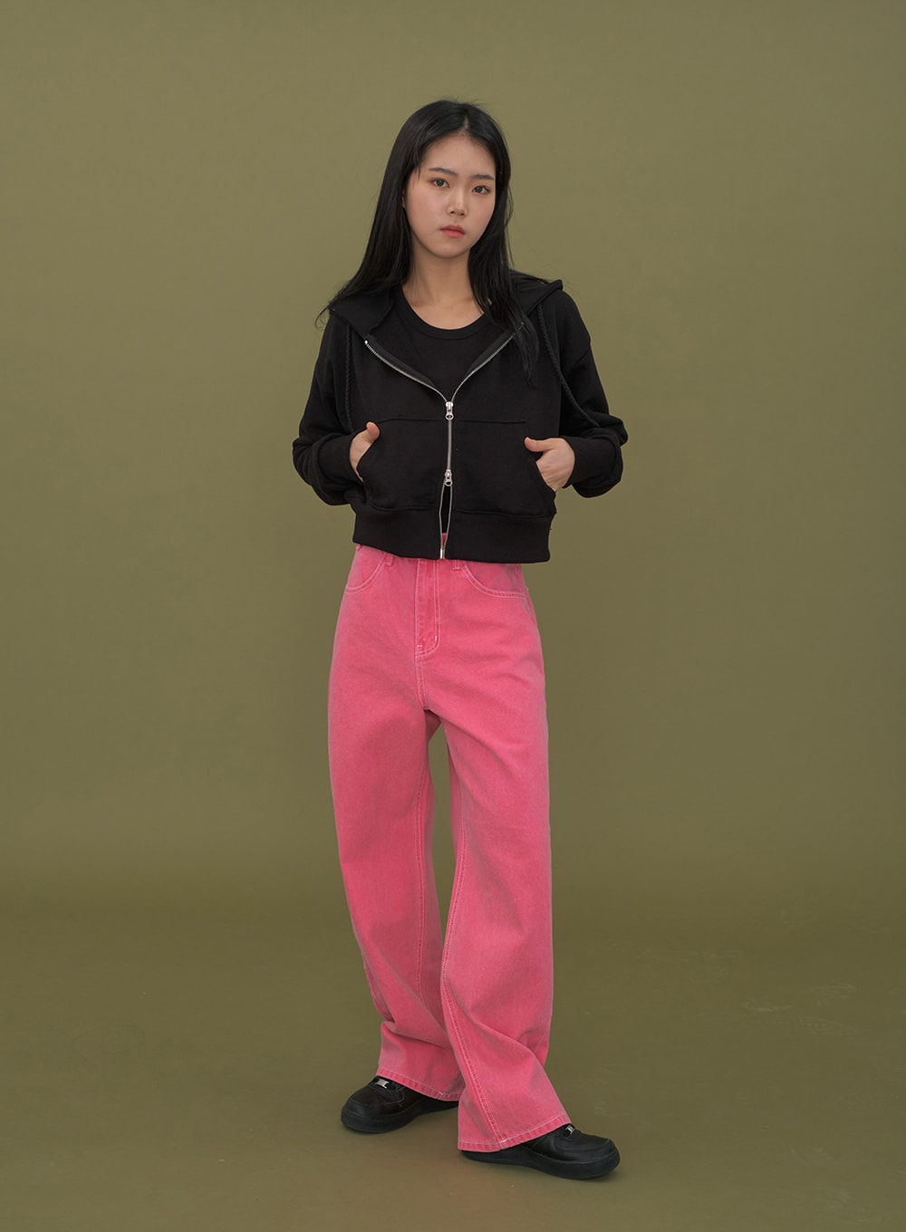 Two Way Cropped Hoodie Zip Up C2601