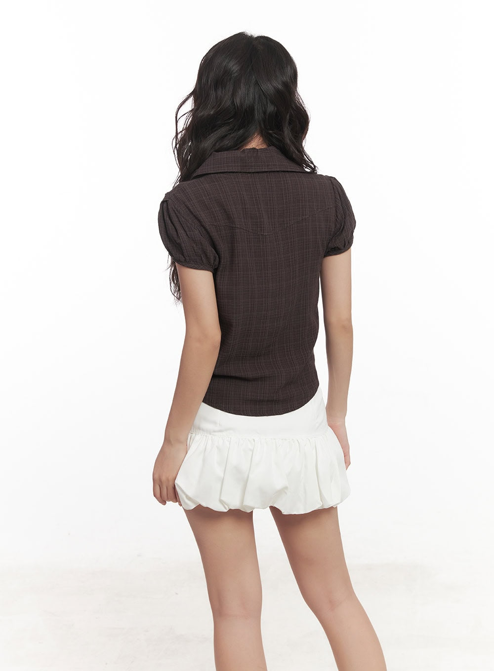 Shirred Checkered Crop Collared Shirt CA521