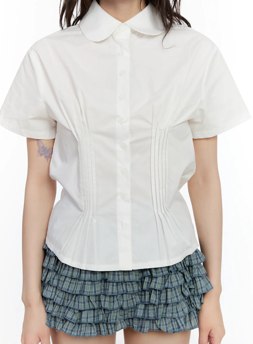 Collared Pintuck Button-Up Top CL504