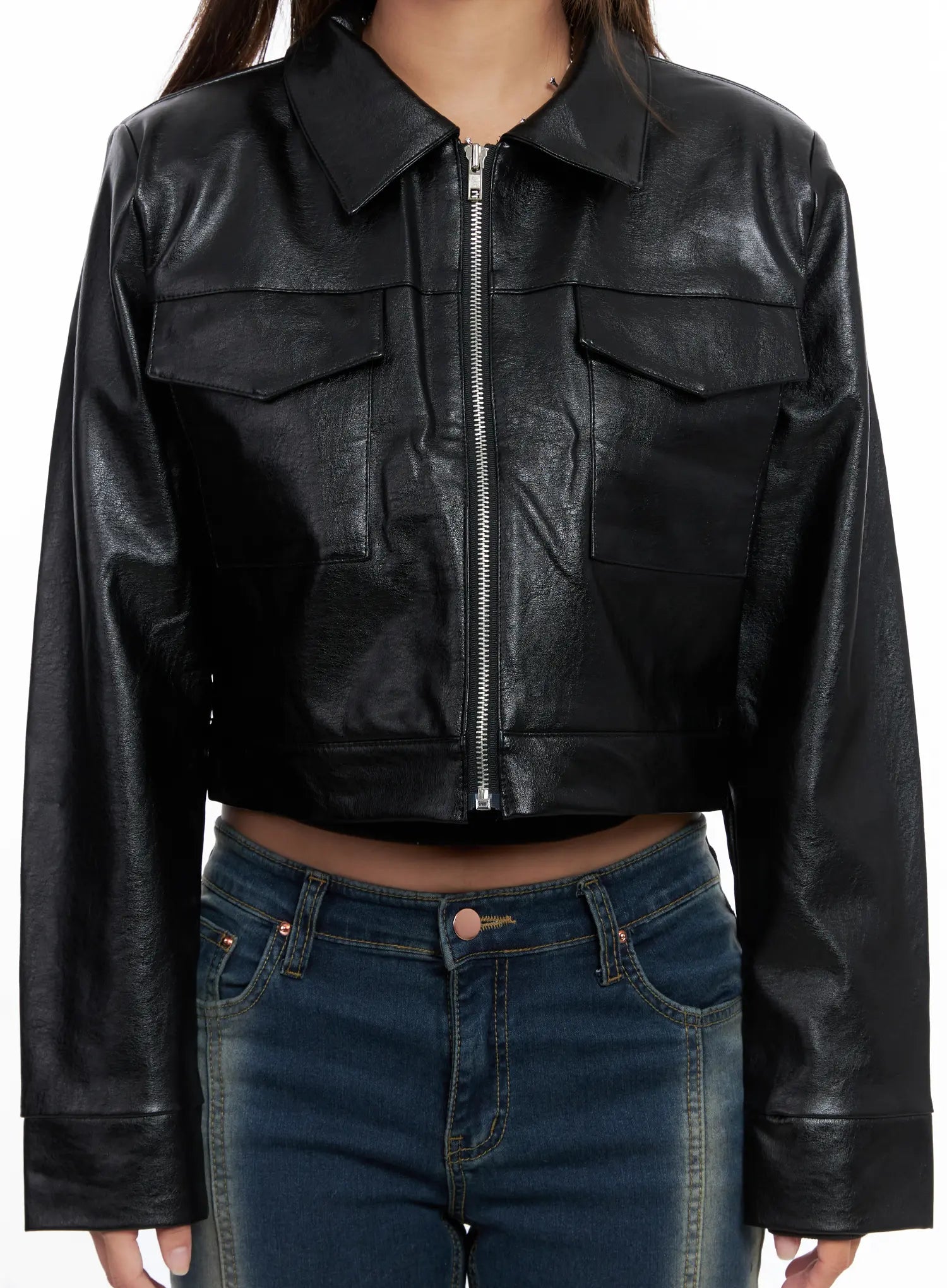 Cropped Collar Faux Leather Jacket CS522