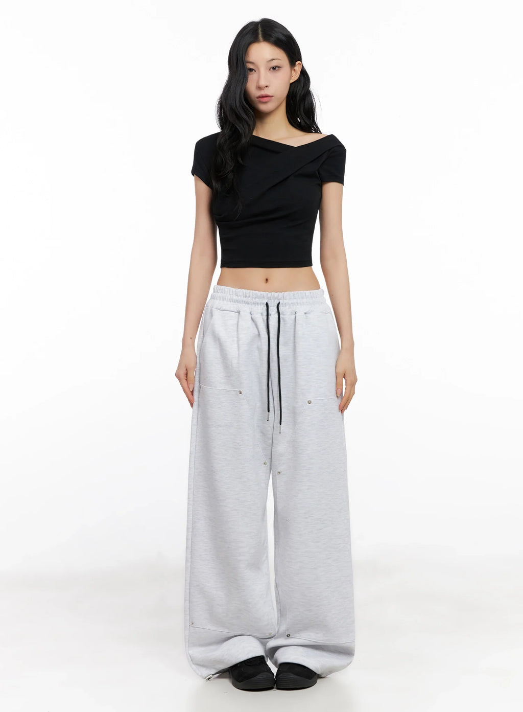 Asymmetric Shirred Off-Shoulder Crop Tee IG508