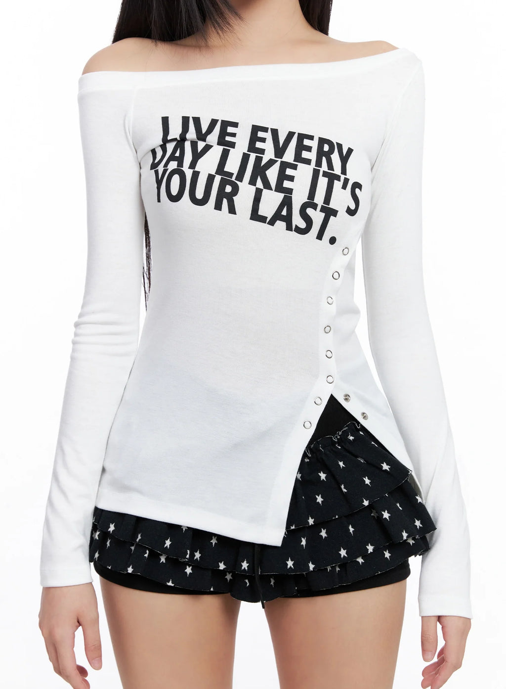 Off-Shoulder Graphic Long Sleeve Tee IS525