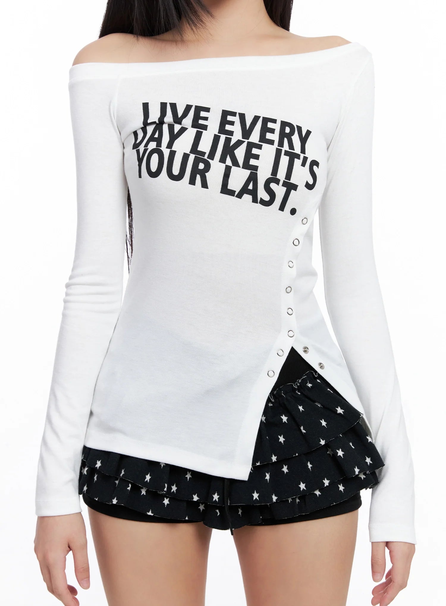 Off-Shoulder Graphic Long Sleeve Tee IS525