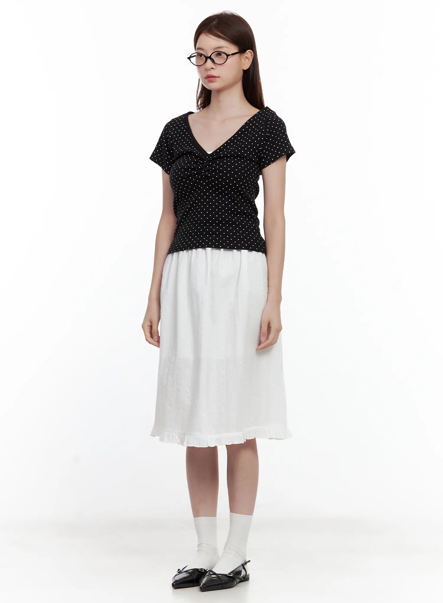 Polka Dot Shirred V-Neck Top CL502