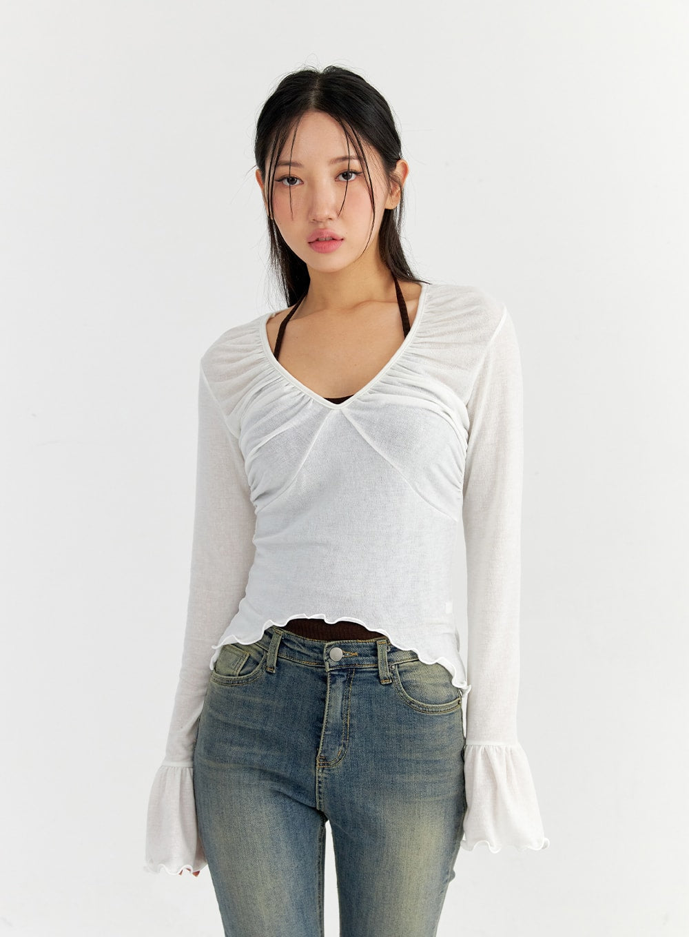 Mesh V-Neck Shirred Crop Top CO327