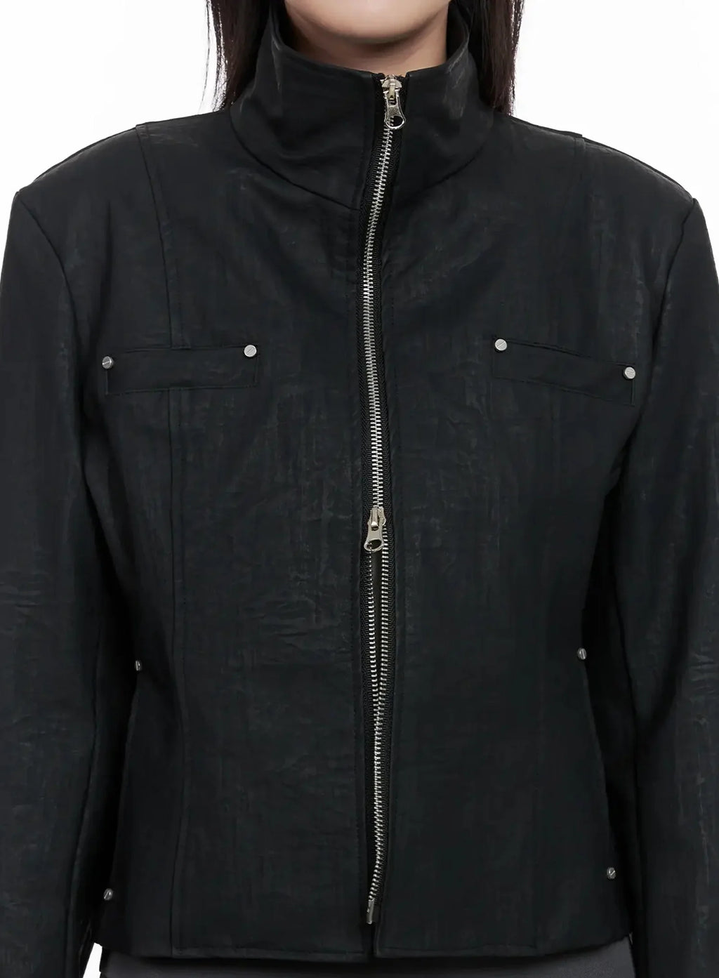 High Neck Zip Up Faux Leather Jacket IS508