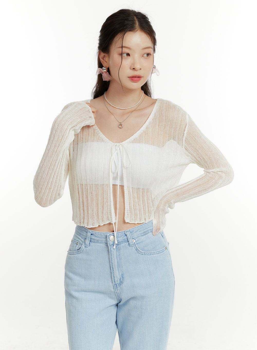 Drawstring V-Neck Sheer Cardigan OU419