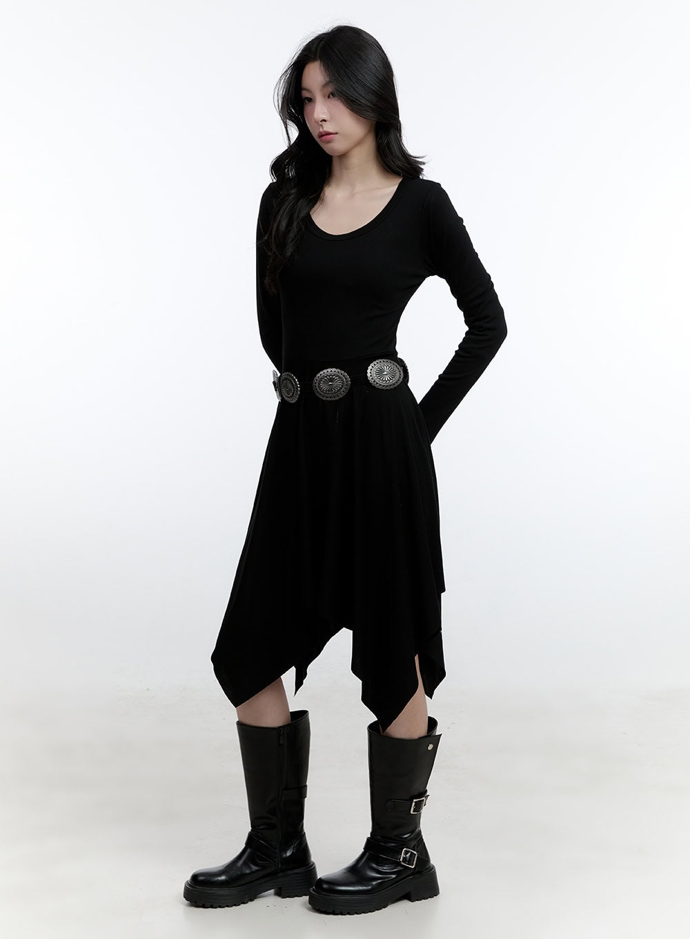 Flared Asymmetric Long Sleeve Midi Dress CJ522