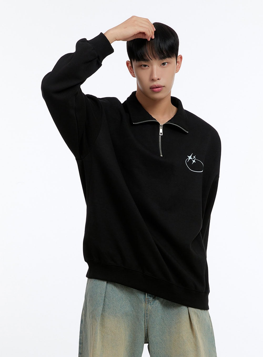 Men's Classic Cotton Half-Zip Graphic Hoodie (Black) IS413