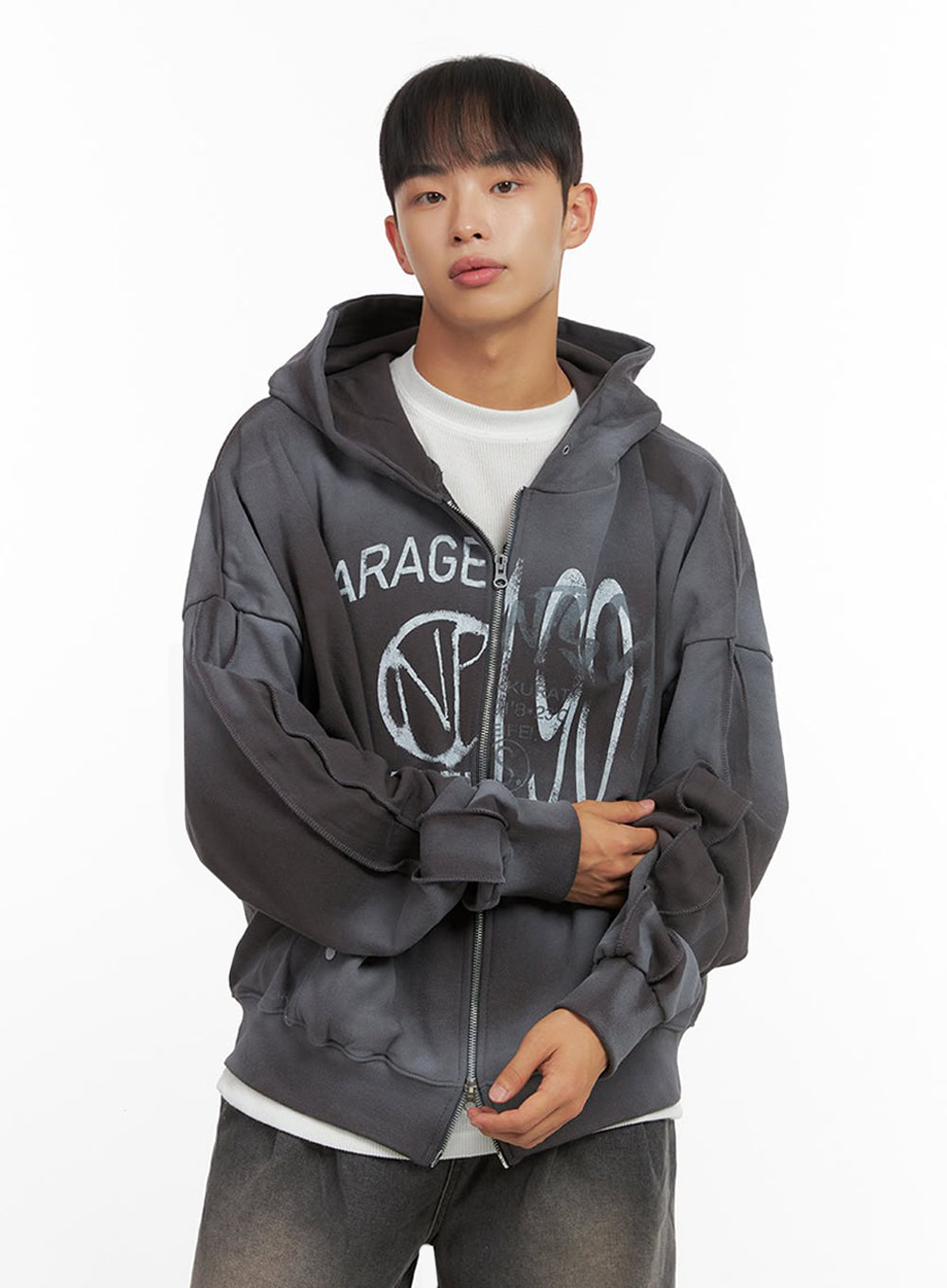 Men's Paint Washed Graphic Zip-Up Hoodie IO420