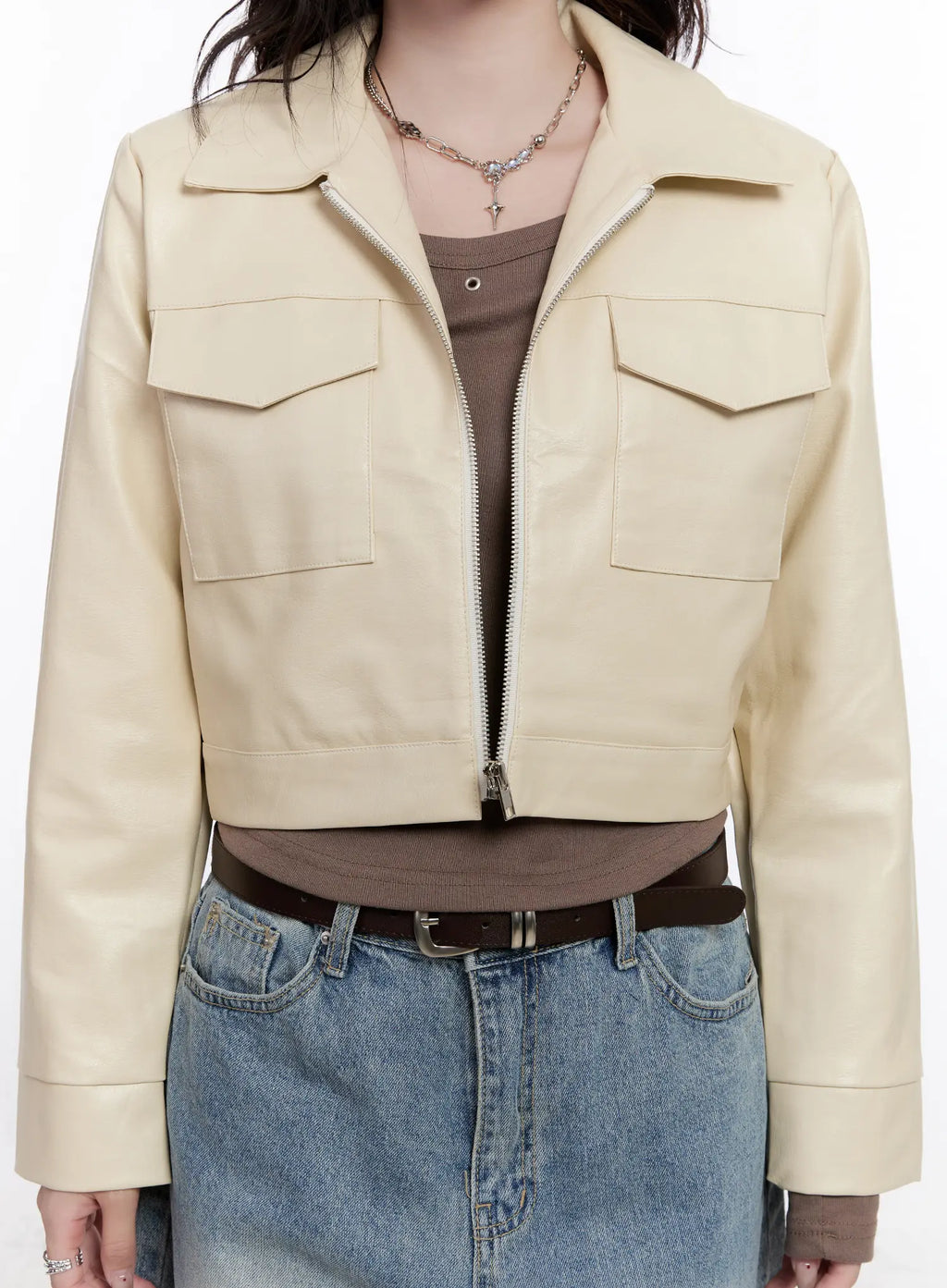 Faux Leather Cropped Zip-Up Jacket CS530