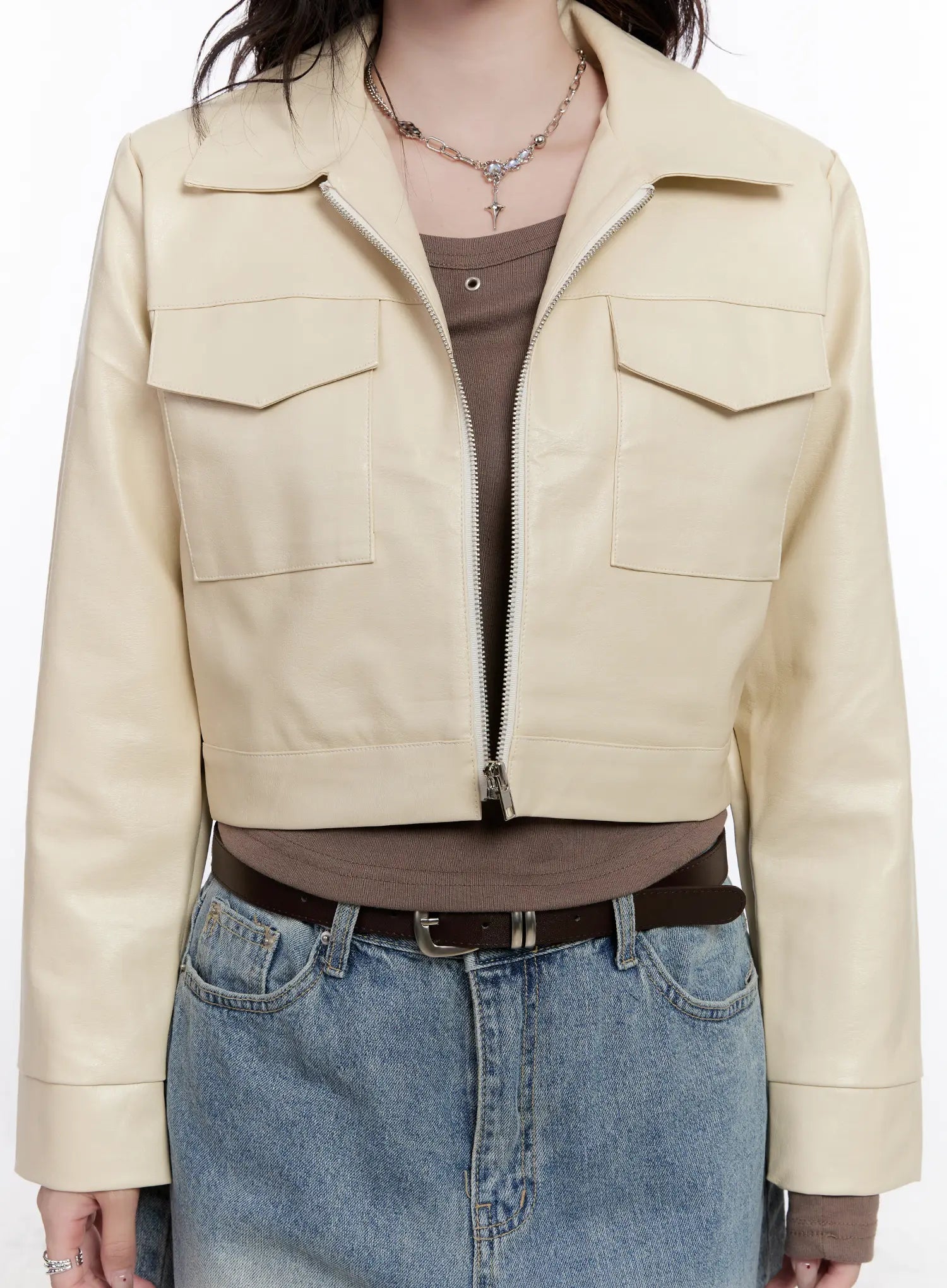 Faux Leather Cropped Zip-Up Jacket CS530
