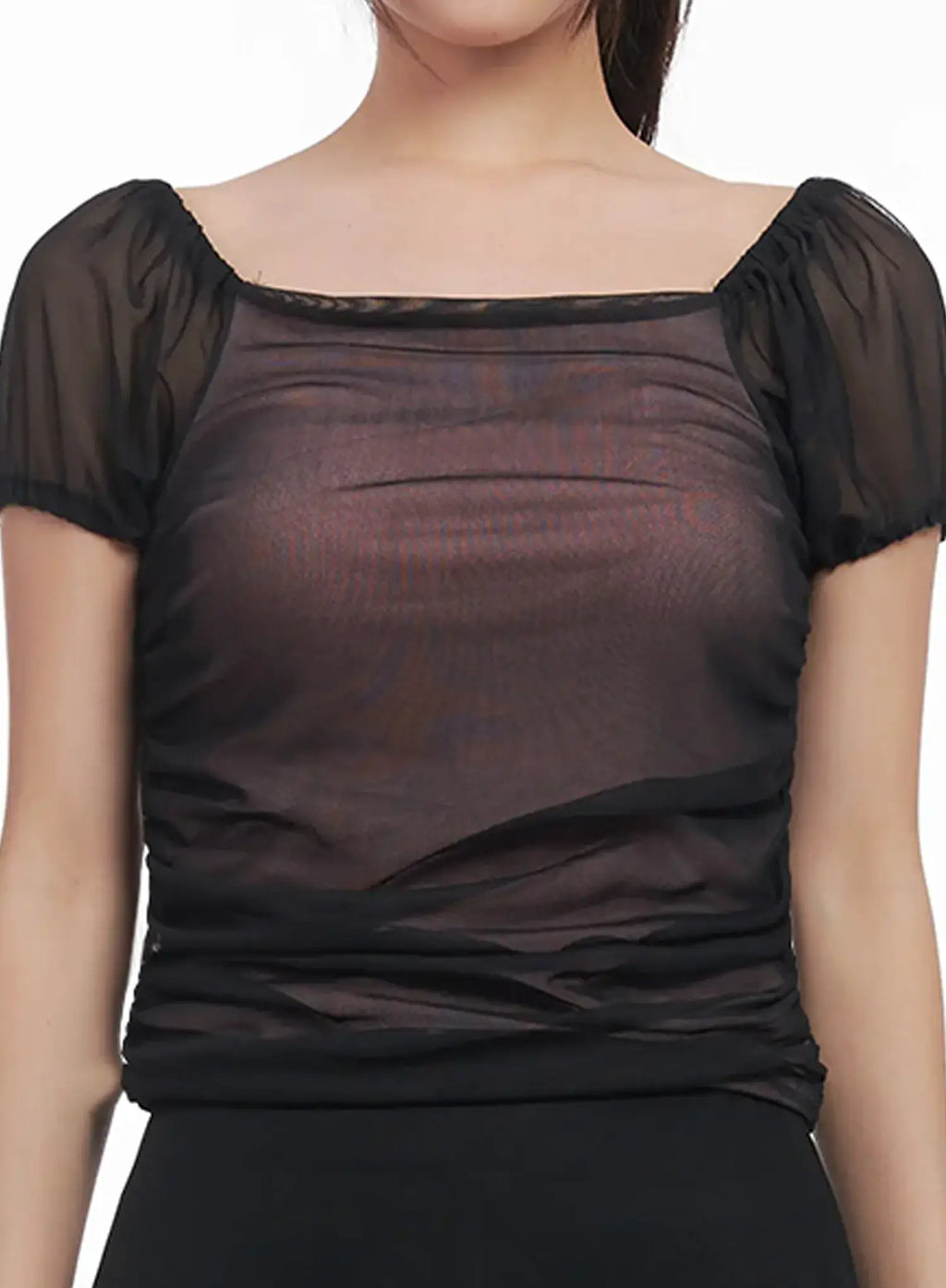 Sheer Puff-Sleeve Crop Top IU509