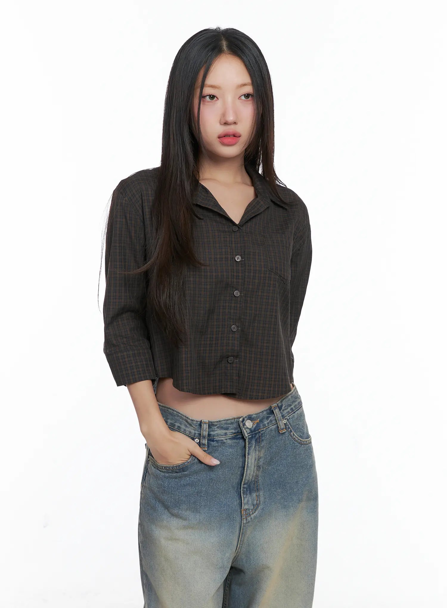 Gingham Button-Up Blouse CS502
