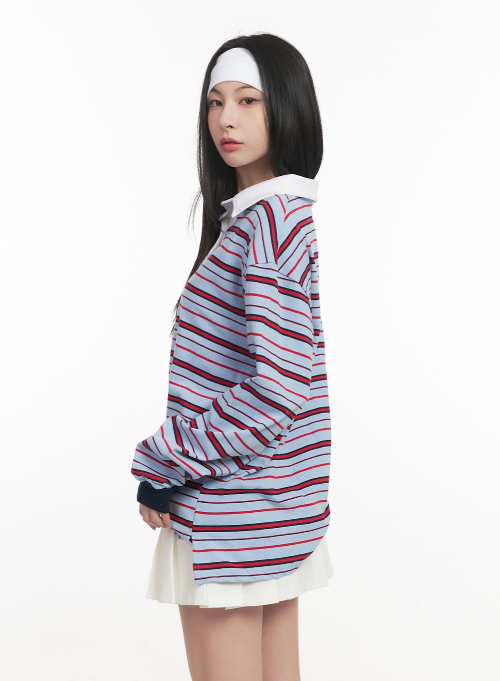 Oversized Striped Long Sleeve Polo Shirt CF514