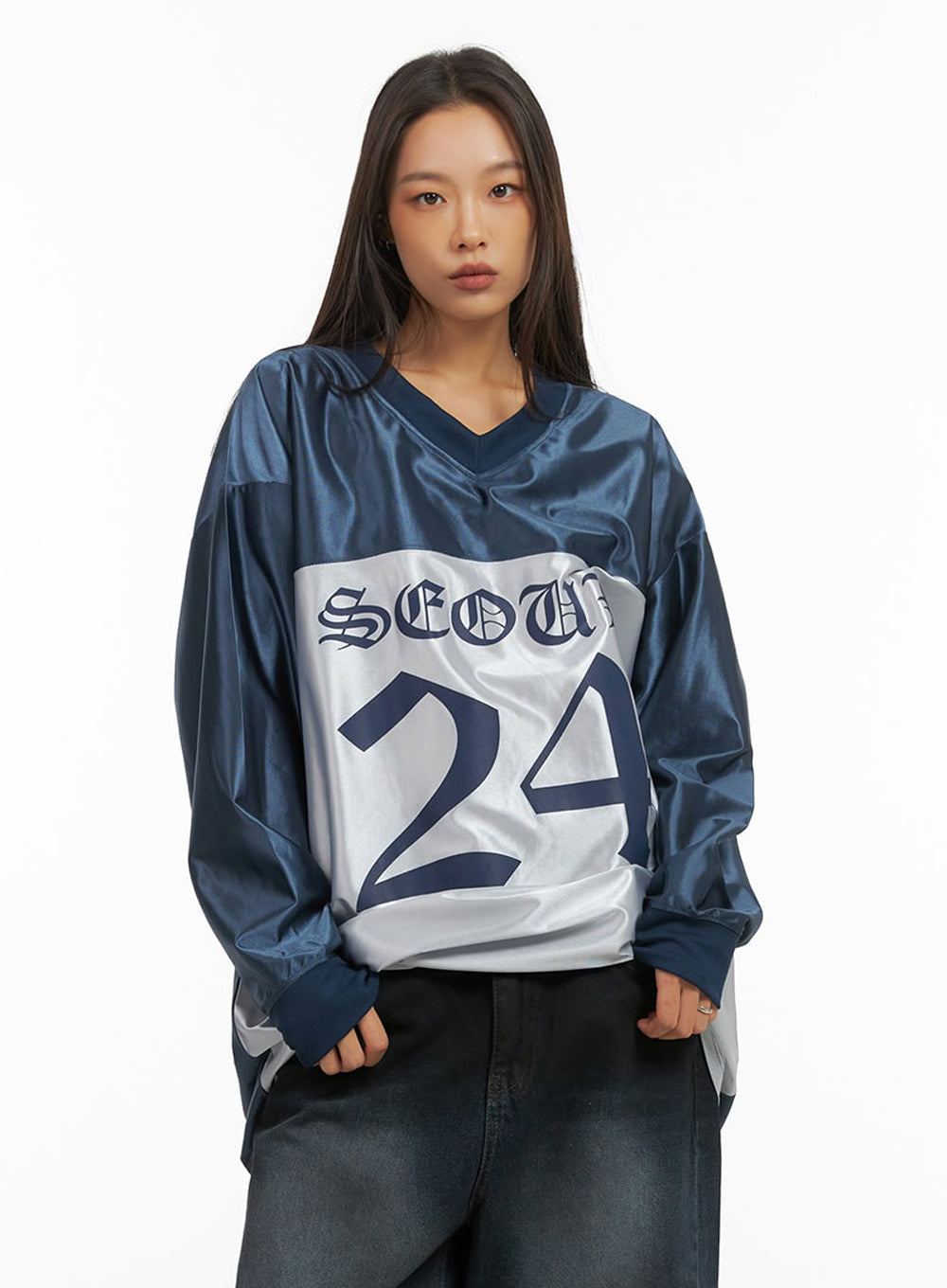 Dark Blue Lettered Poly Sweat V-Neck Hoodie IO409