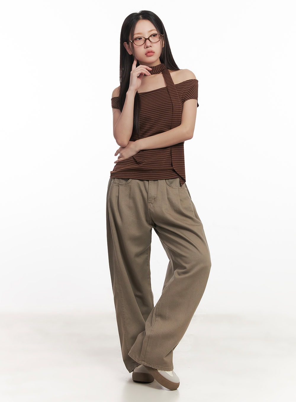 Stripe Off-Shoulder Top with Scarf CA521