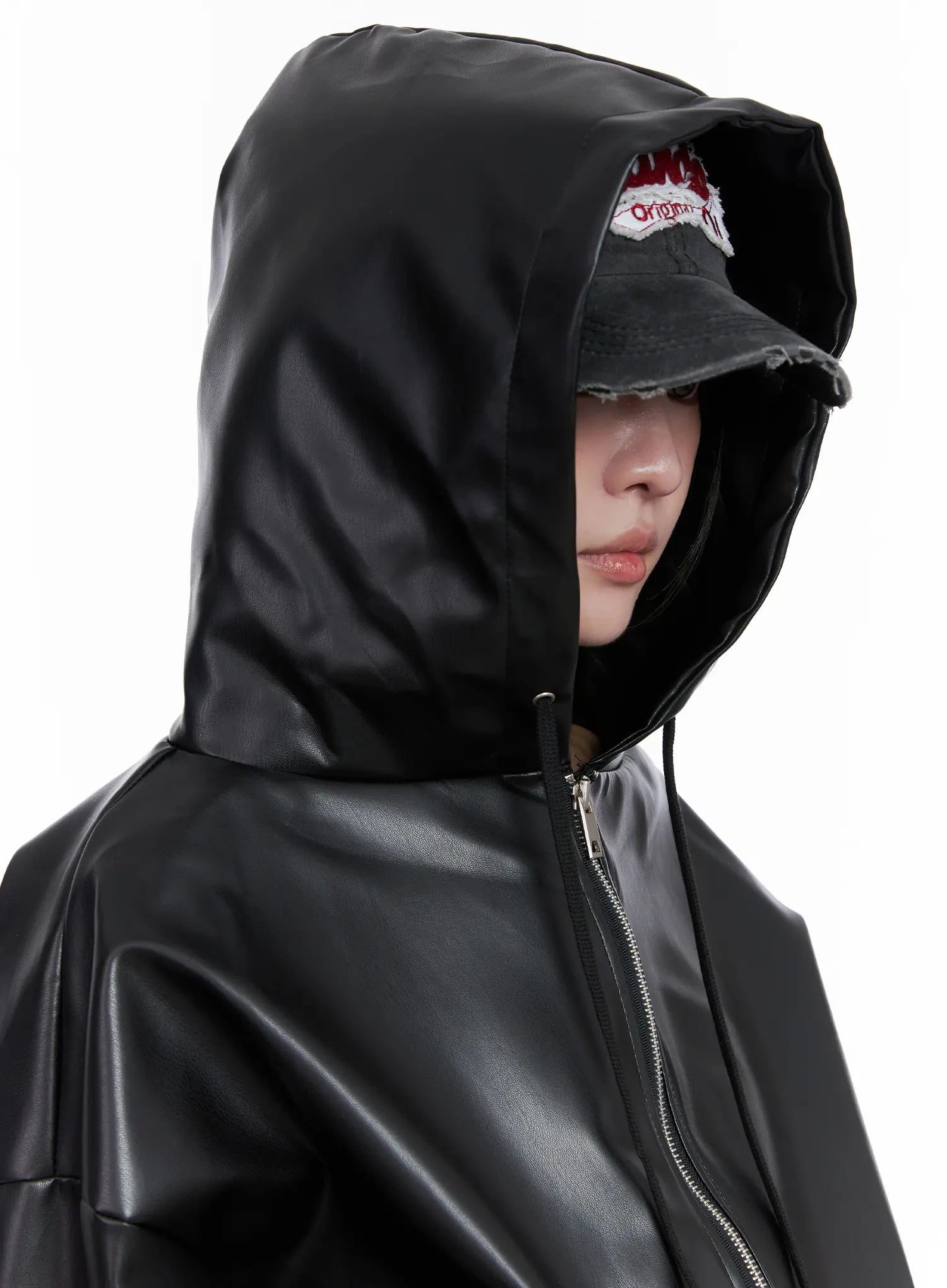 Oversized Hooded Faux Leather Jacket CS510