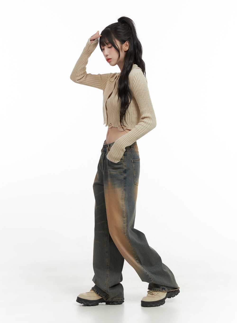 Distressed Hem Collared Crop Cardigan CG421