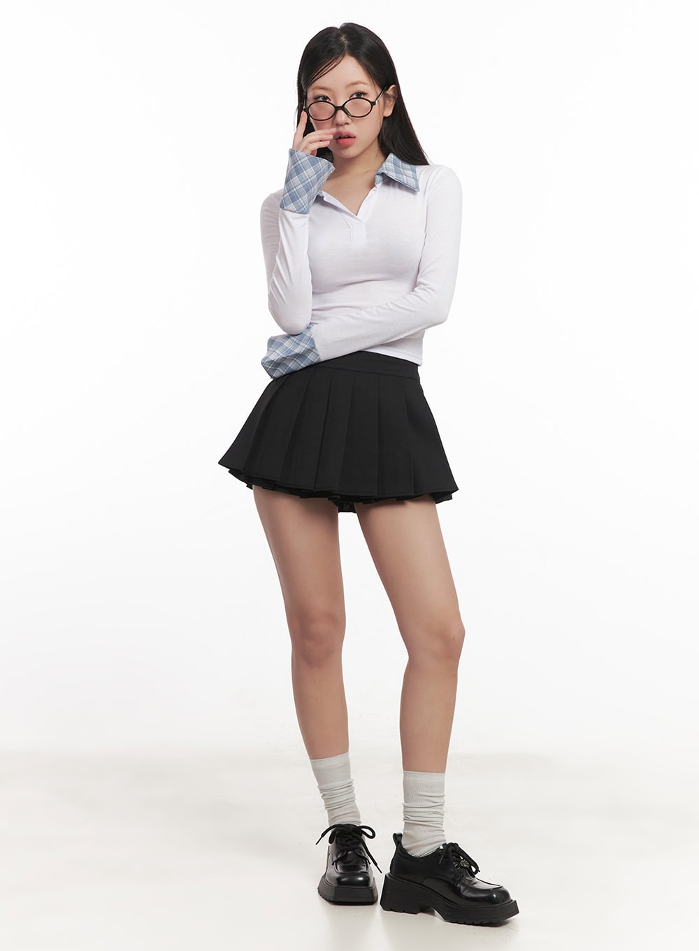 Checkered-Collar Long-Sleeve Crop Top CM531