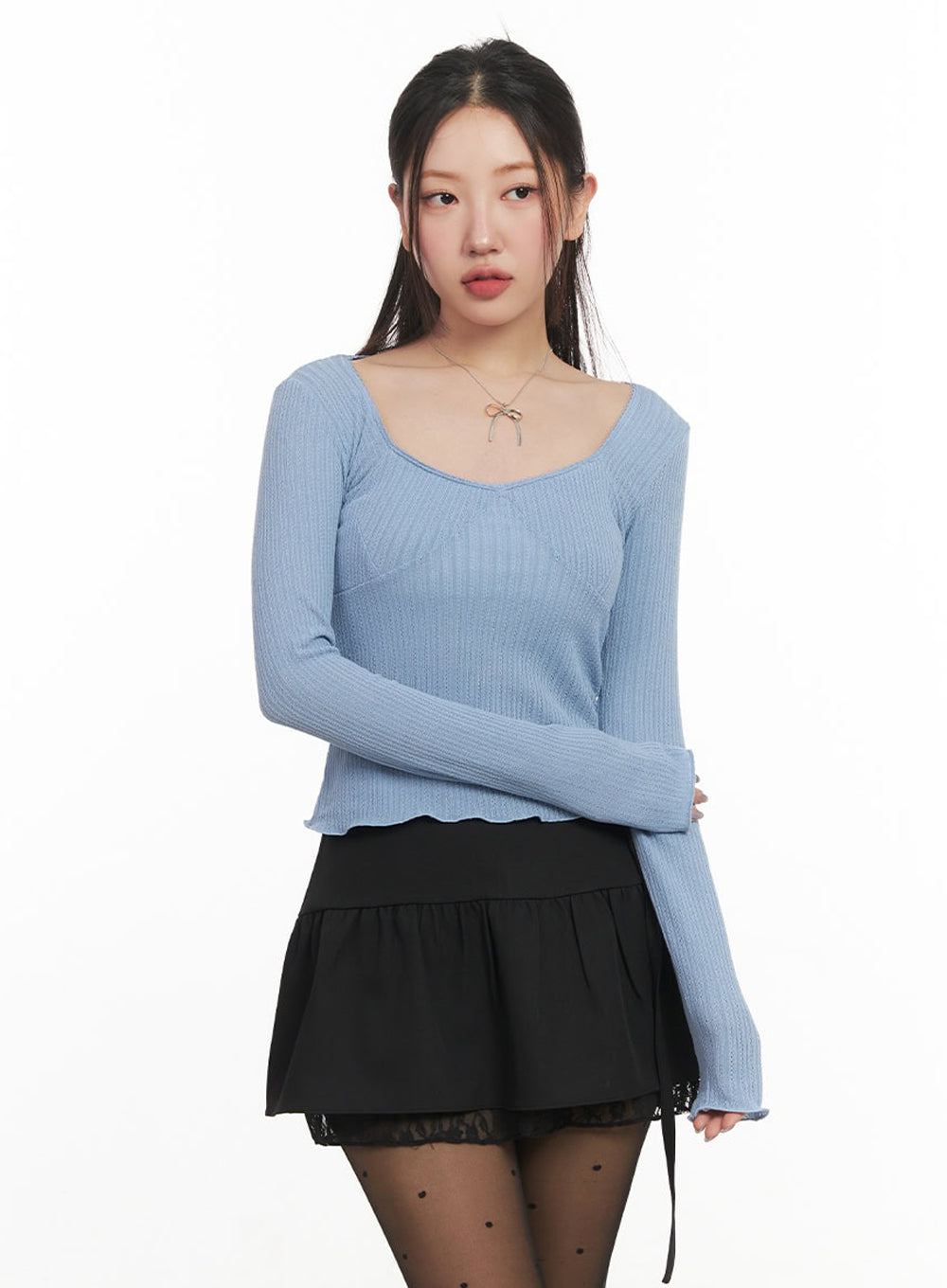 Ribbon Lace-Trim Long-Sleeve Top IM524