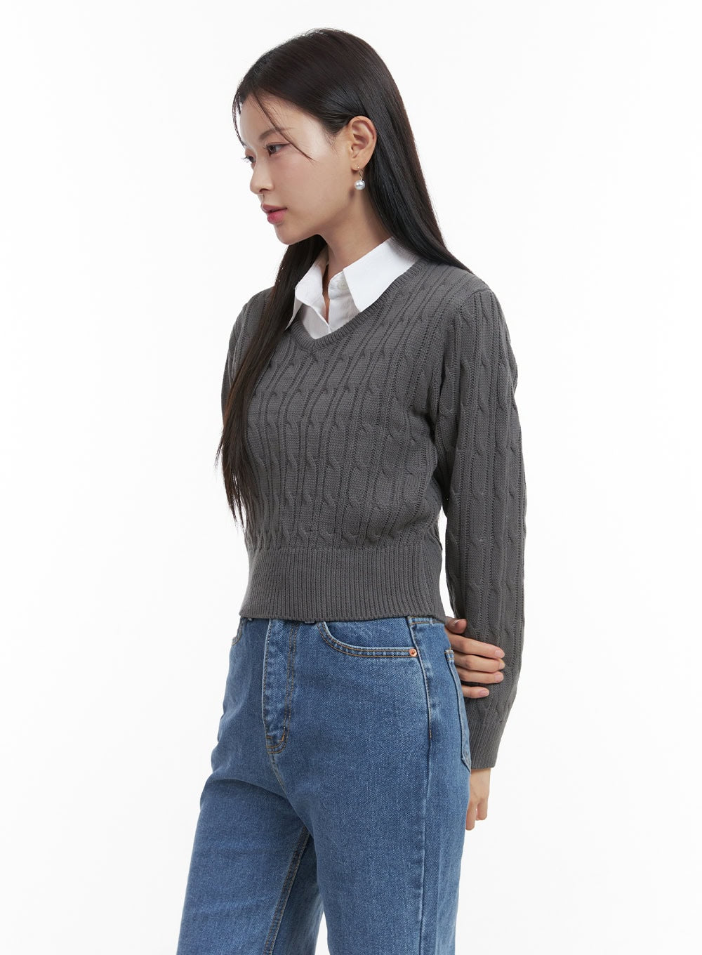 Slim V-Neck Cable Knit Sweater OO416