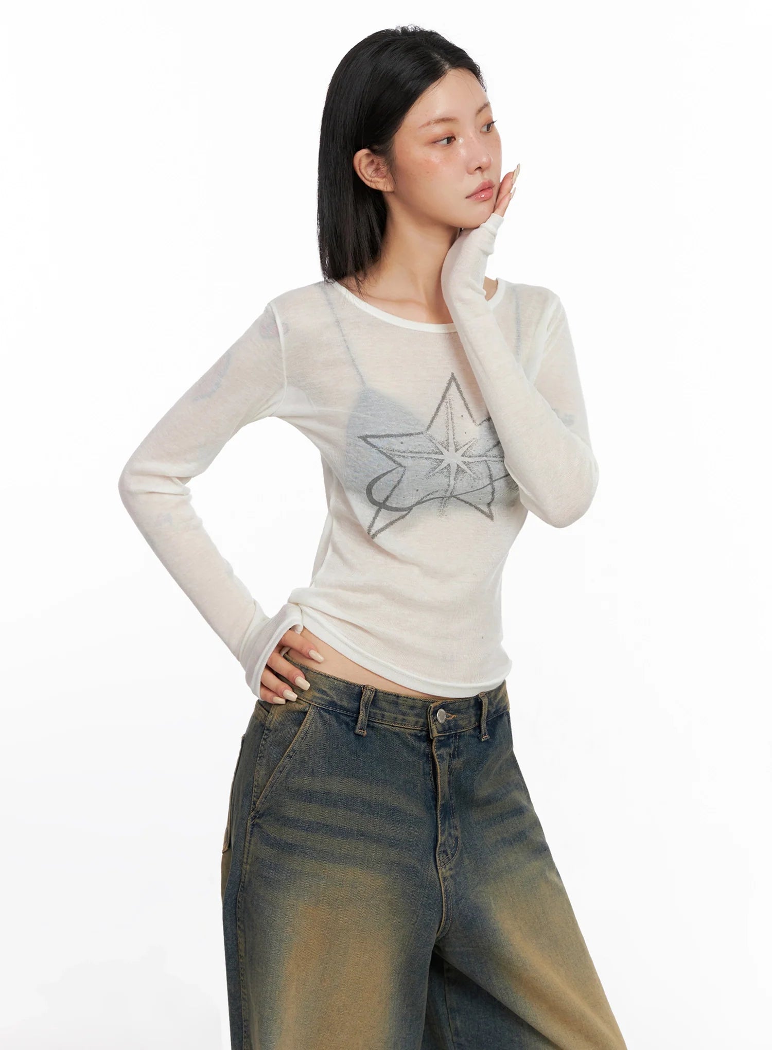 Sheer Star Graphic Long Sleeve Top IS508