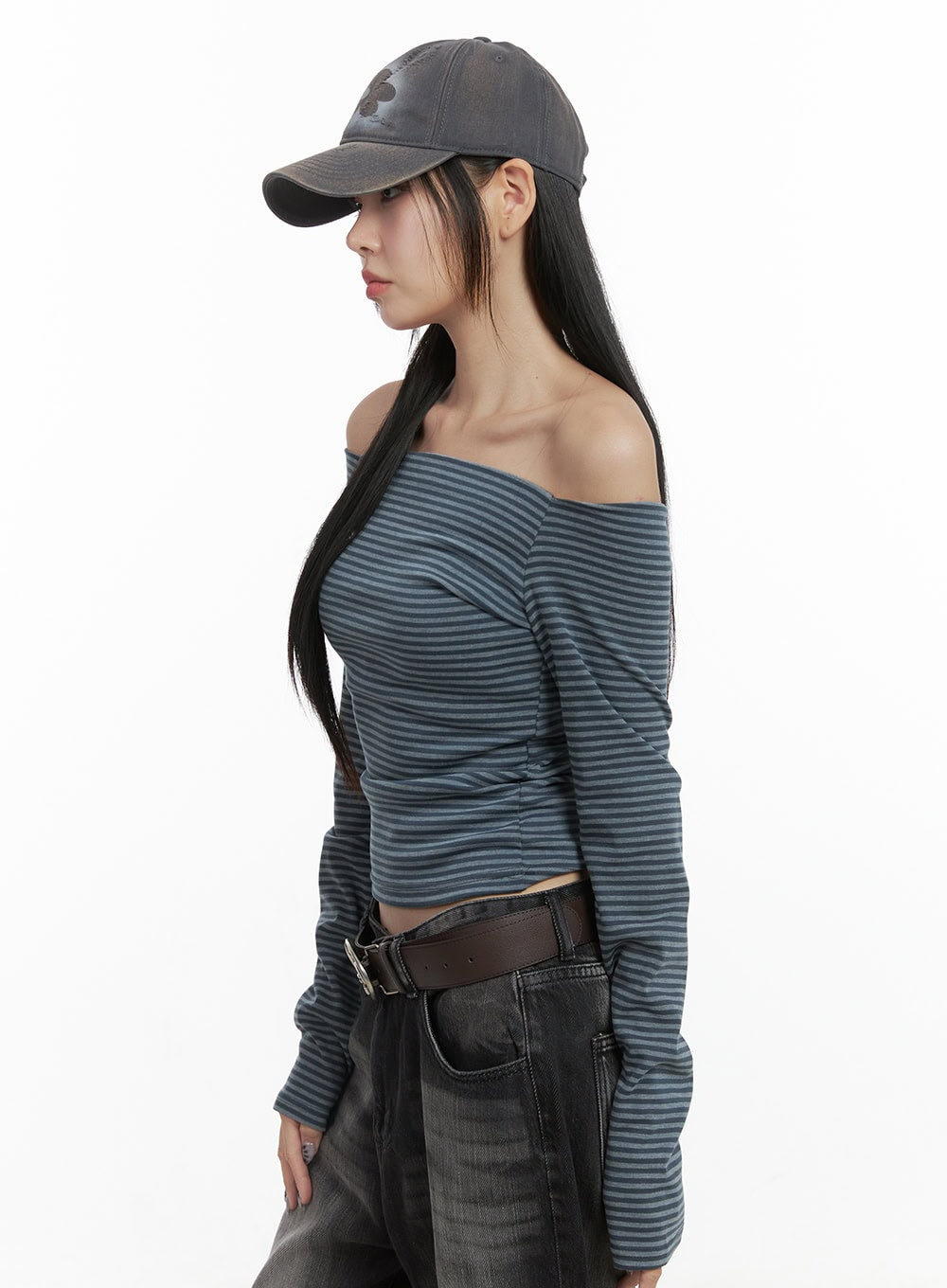 Striped Off-Shoulder Long Sleeve Top OO401