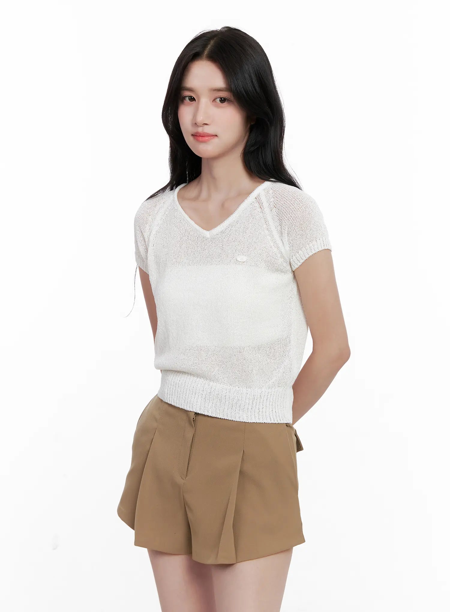 V-Neck Knit Short-Sleeve Top CL515
