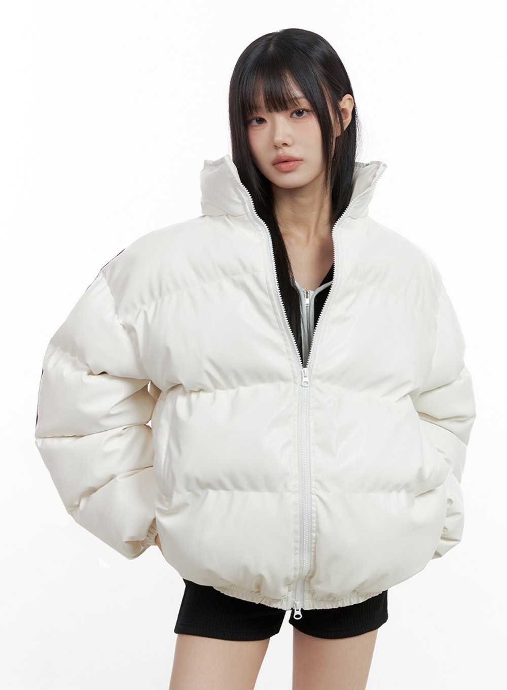 Oversized Stripe Leather Padded Coat IO430