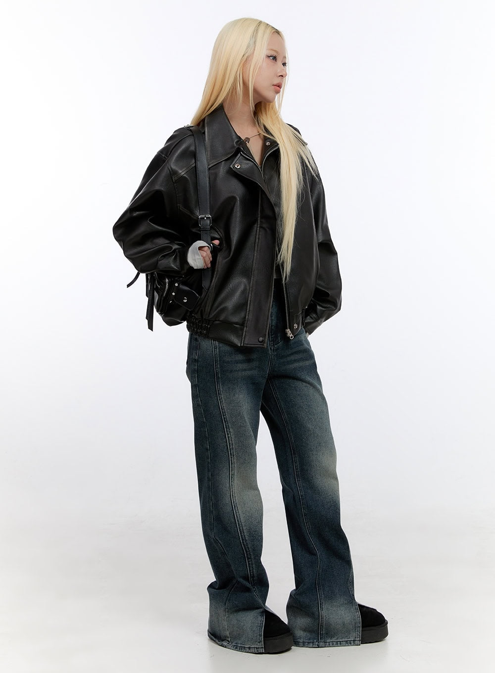 Oversized Faux Leather Collar Jacket CO419