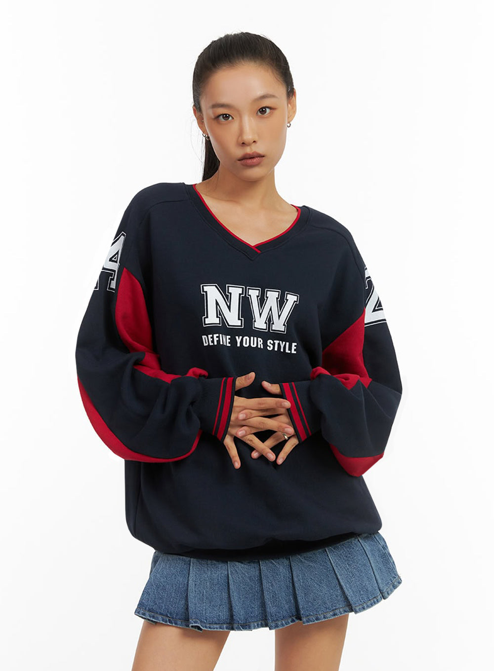 Dark Blue V-Neck Jersey Sweatshirt IO409