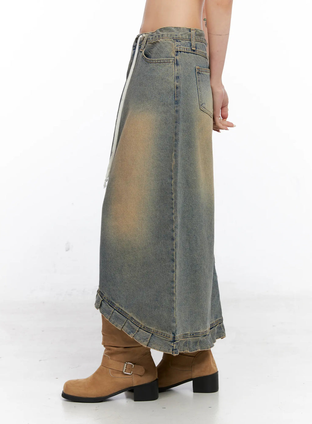 Asymmetric Ruffled Denim Maxi Skirt CO507