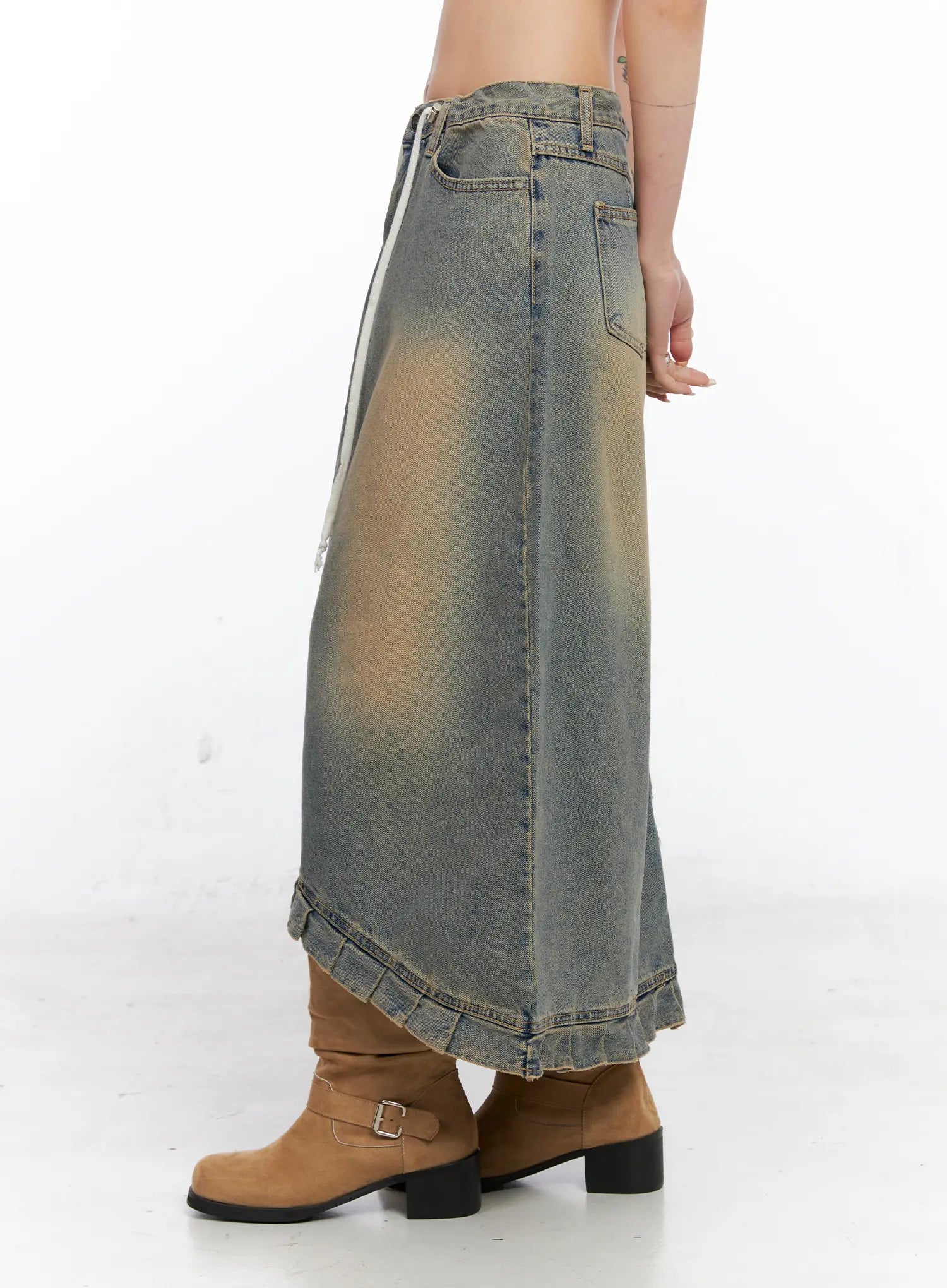 Asymmetric Ruffled Denim Maxi Skirt CO507