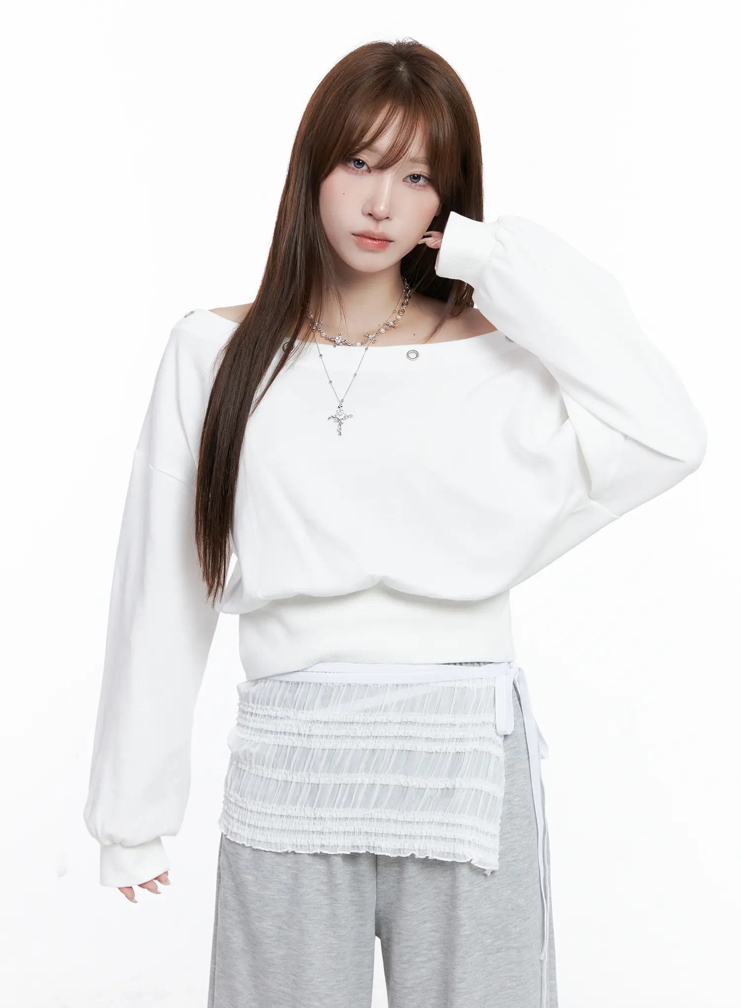 Off-Shoulder Eyelet Sweatshirt CG529