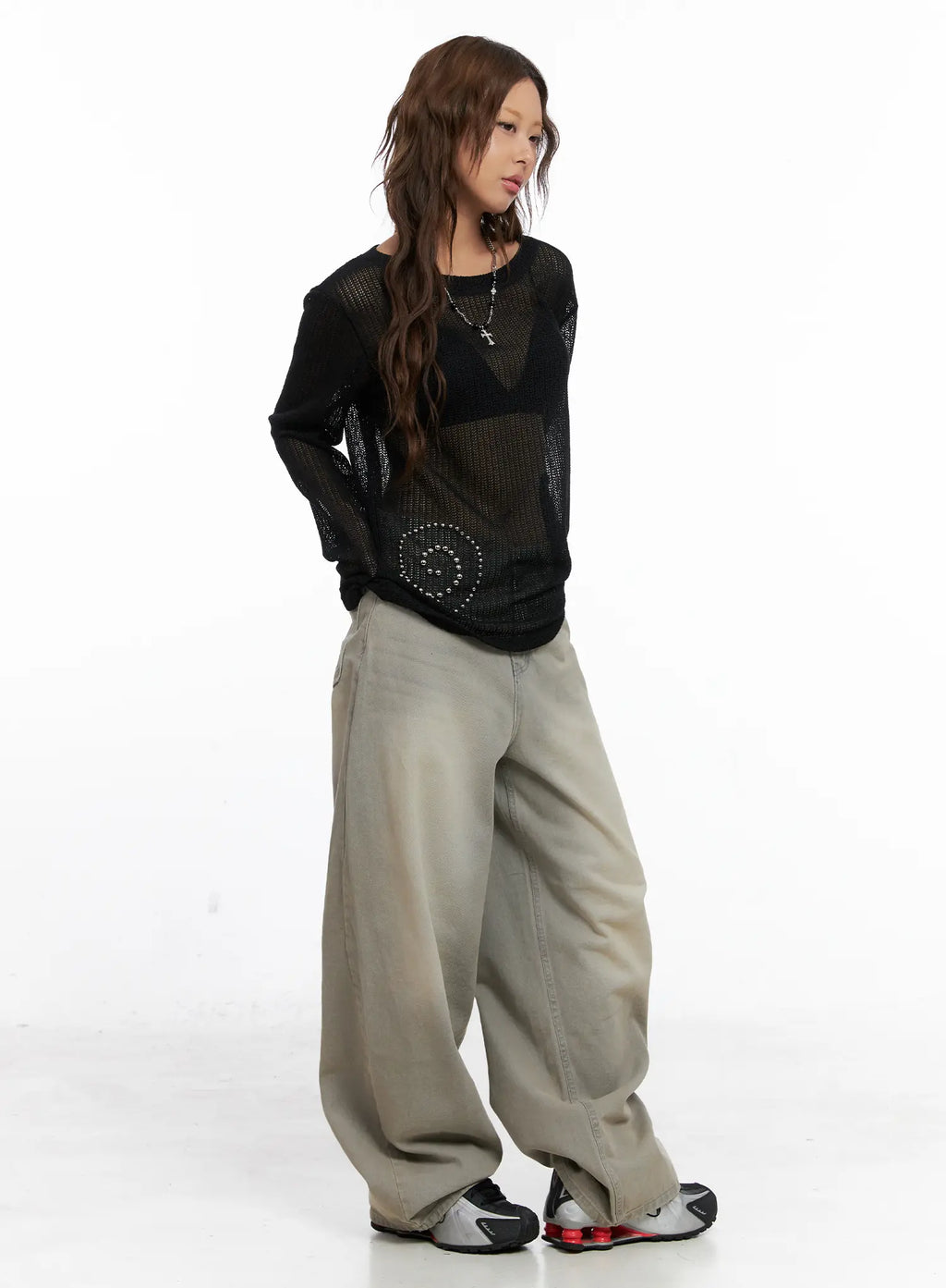 Studded Mesh Knit Long Sleeve Sweater CS522