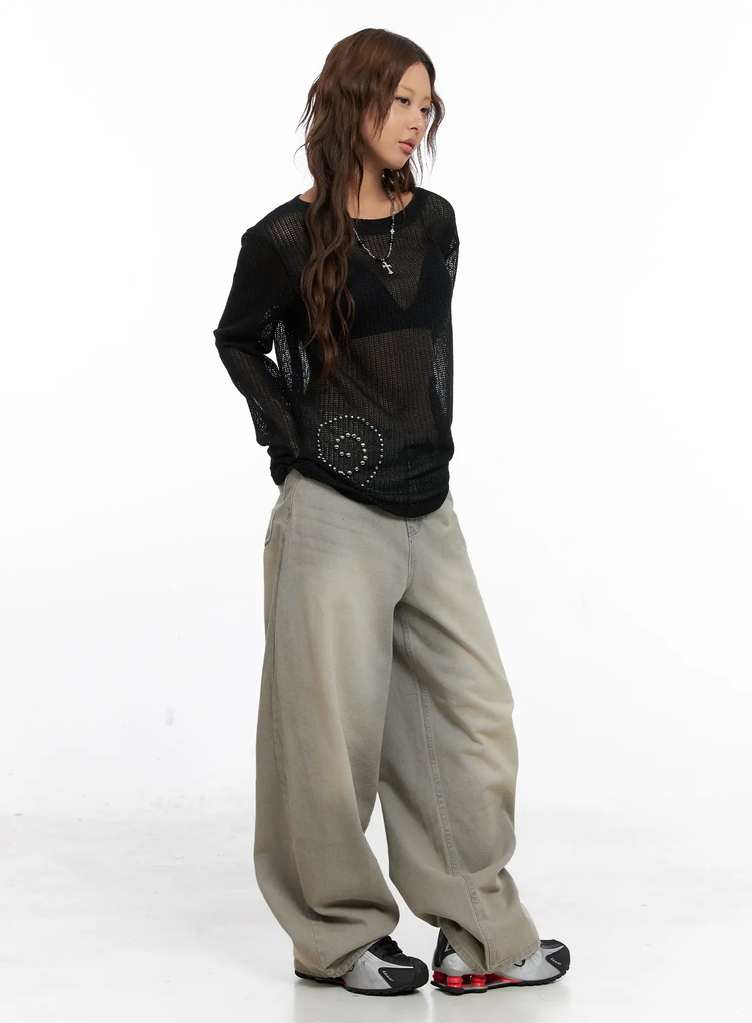 Studded Mesh Knit Long Sleeve Sweater CS522