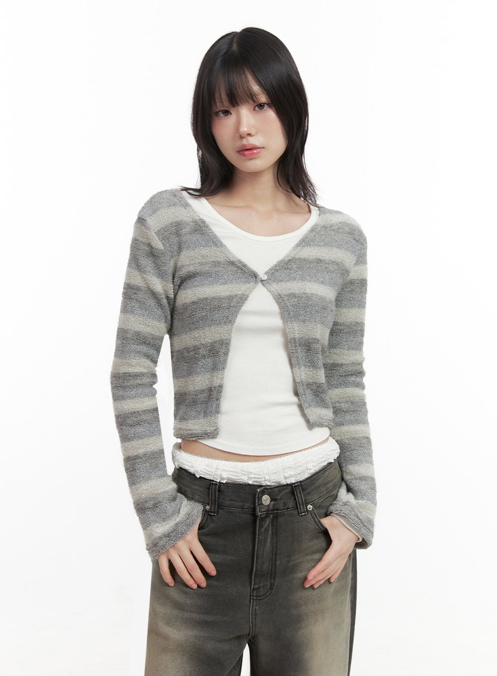 Striped Slit Cropped Cardigan ID402