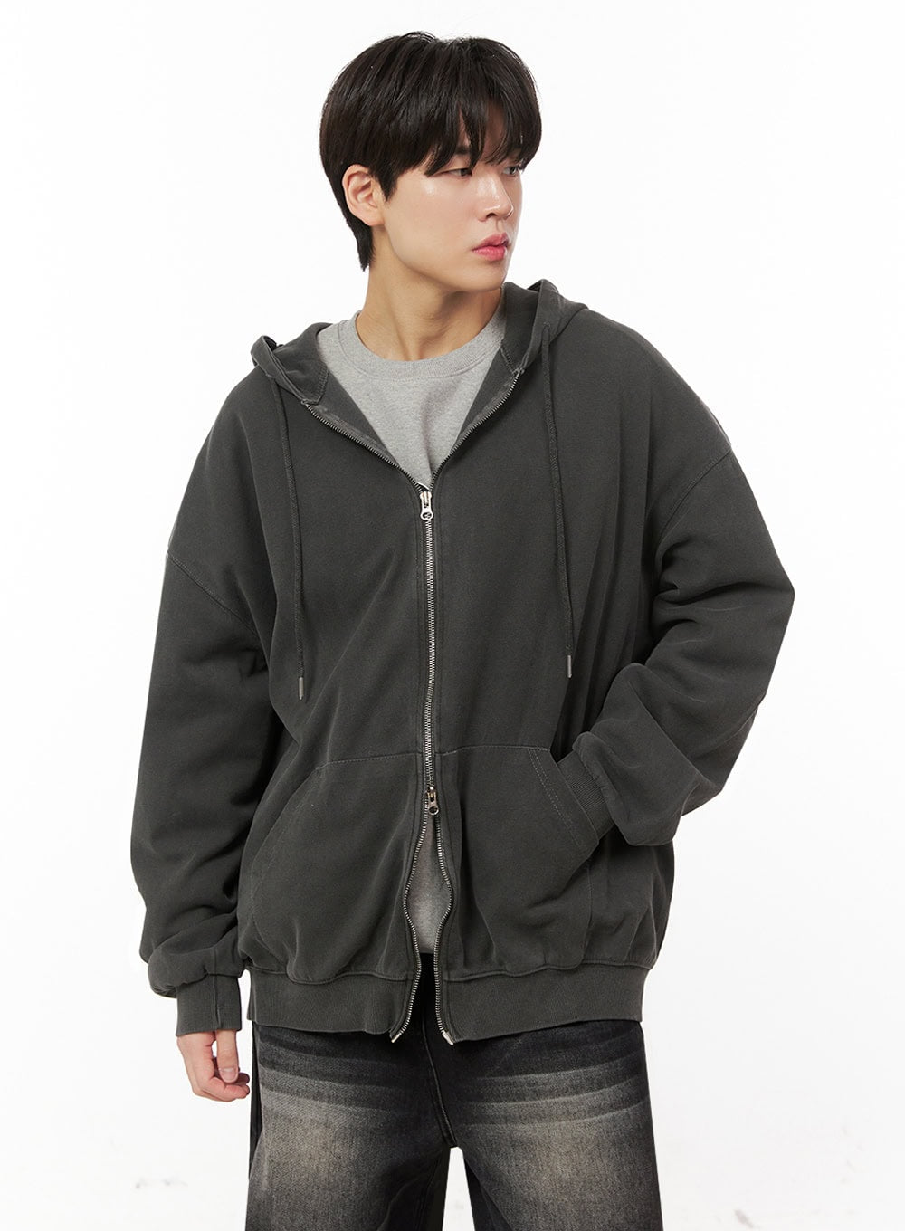 Men's Oversized Washed Zip-Up Hoodie IJ517